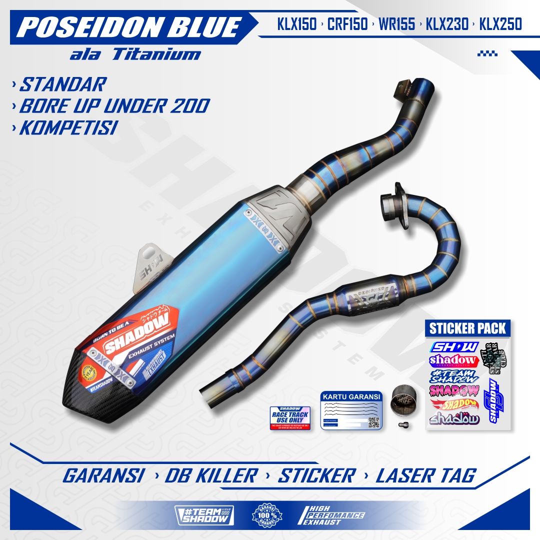 KNALPOT POSEIDON BLUE ALA TITANIUM KLX150 CRF150 WR155 SHADOW EXHAUST SYSTEM